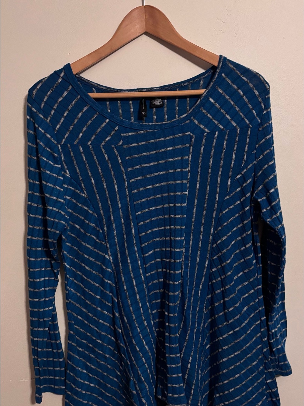 Nine West Blue Long-Sleeve Metallic-Striped Scoop Neck Top